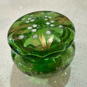 Antique Bohemian Green Lily Of Valley Enamel Glass Trinket Box With Lid
